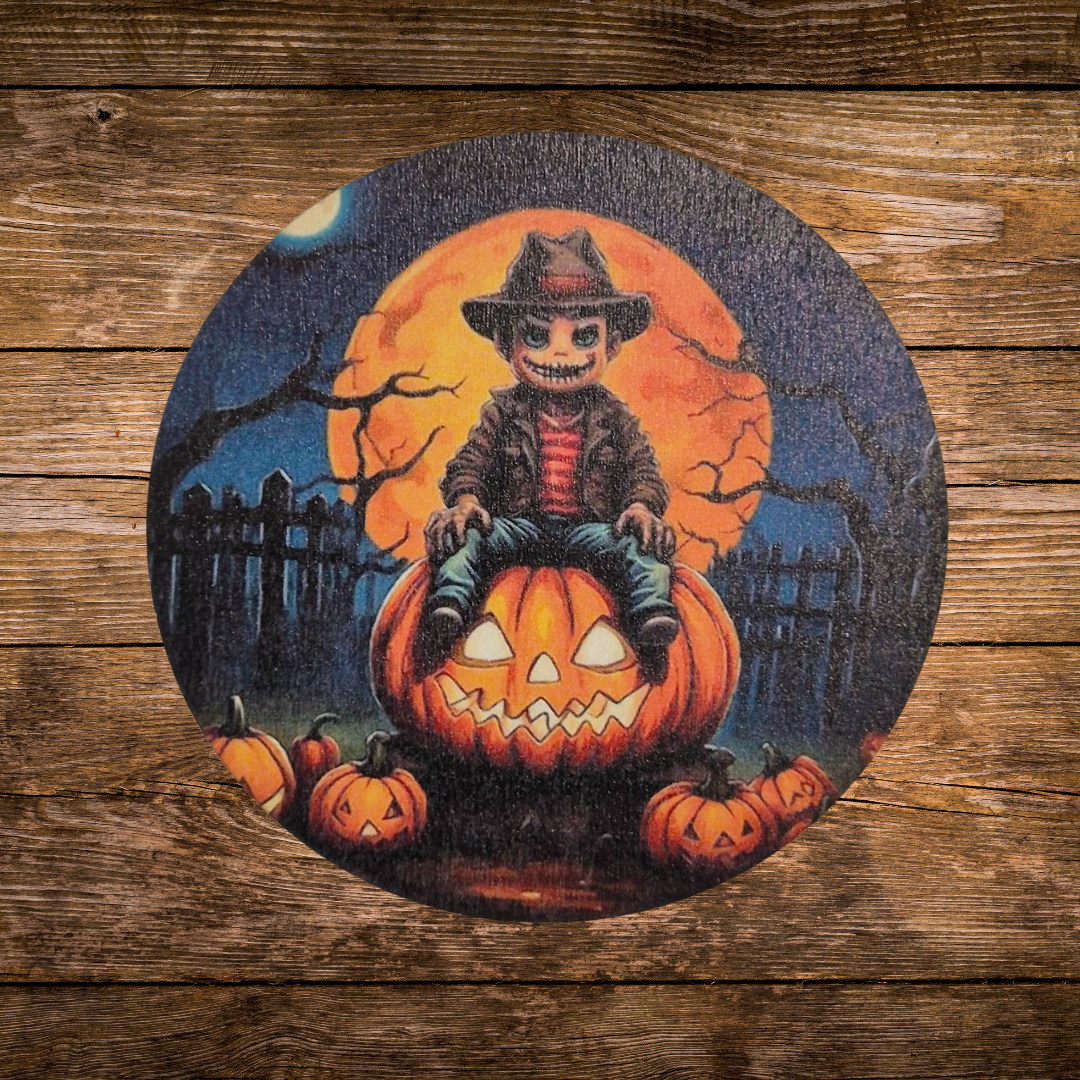 wooden coaster with Freddy Kroger design for horror  fans 