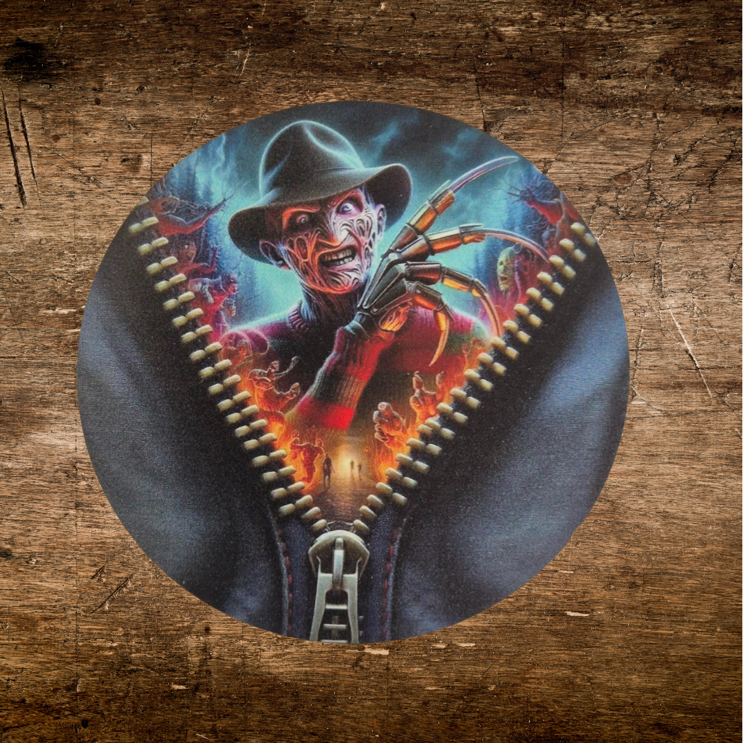wooden coaster with Freddy Kruger zip design for horror  fans 