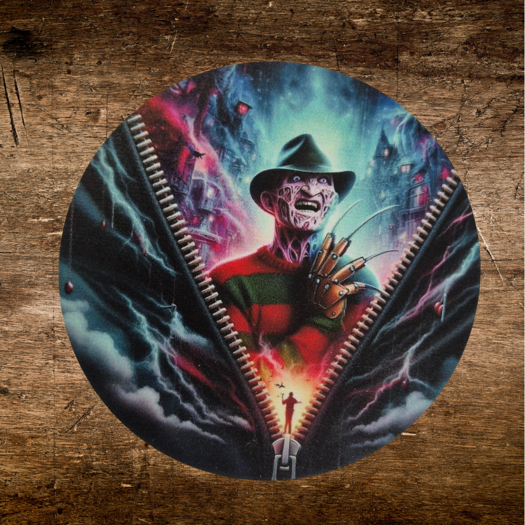 wooden coaster with Freddy zip design for horror  fans 
