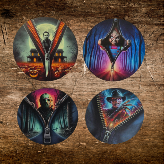 wooden coaster with horror characters zip design for horror  fans