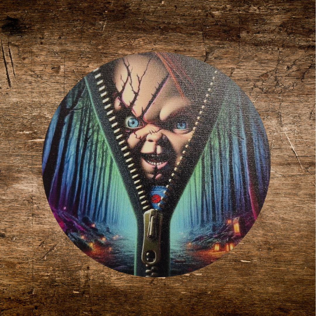wooden coaster with chucky zip design for horror  fans 