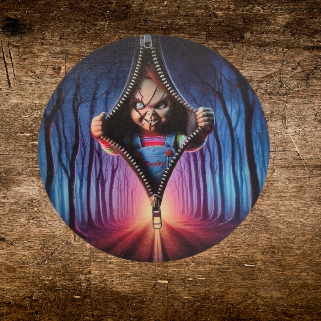 wooden coaster with chucky zip design for horror  fans 