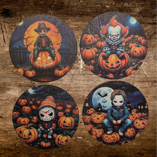 wooden coaster with Freddy Kroger  and friends design for horror  fans 