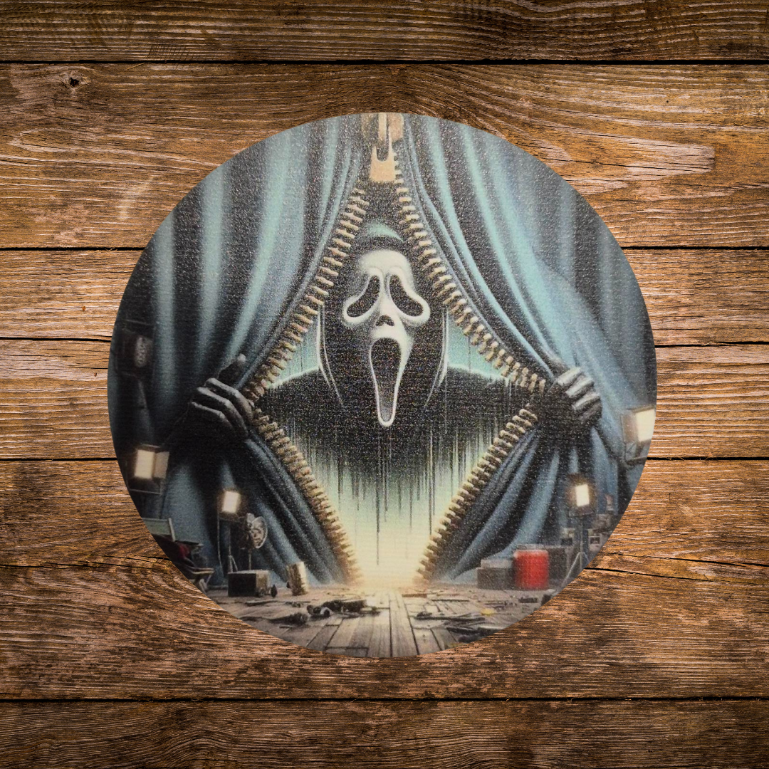 wooden coaster with ghostface zip design for horror  fans 