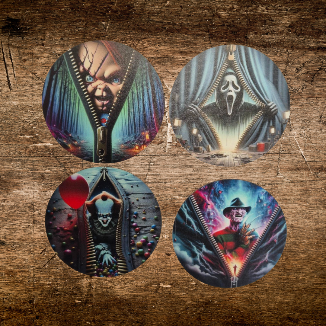 wooden coaster with horror character zip design for horror  fans set of 4