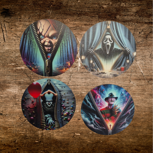 wooden coaster with horror character zip design for horror  fans set of 4