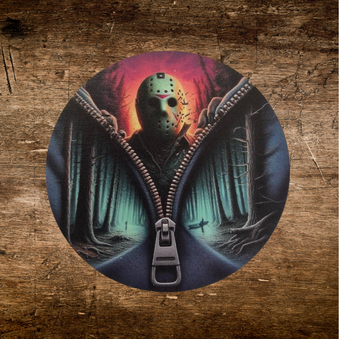 wooden coaster with jason voorhees zip design for horror  fans 