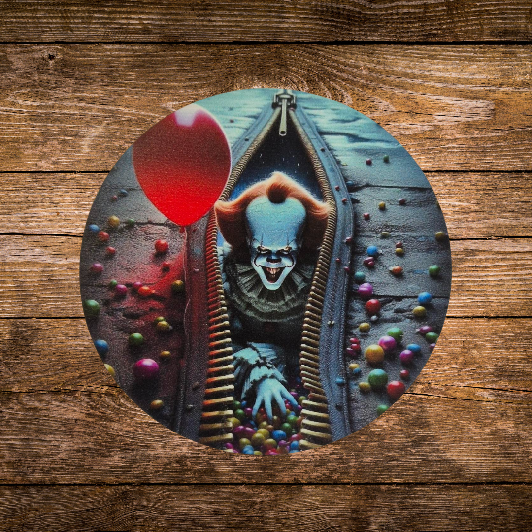 wooden coaster with pennywise zip design for horror  fans 