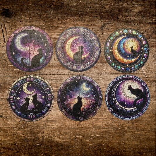 wooden mystical cat coaster with moon witchy occult feeling set of 6 